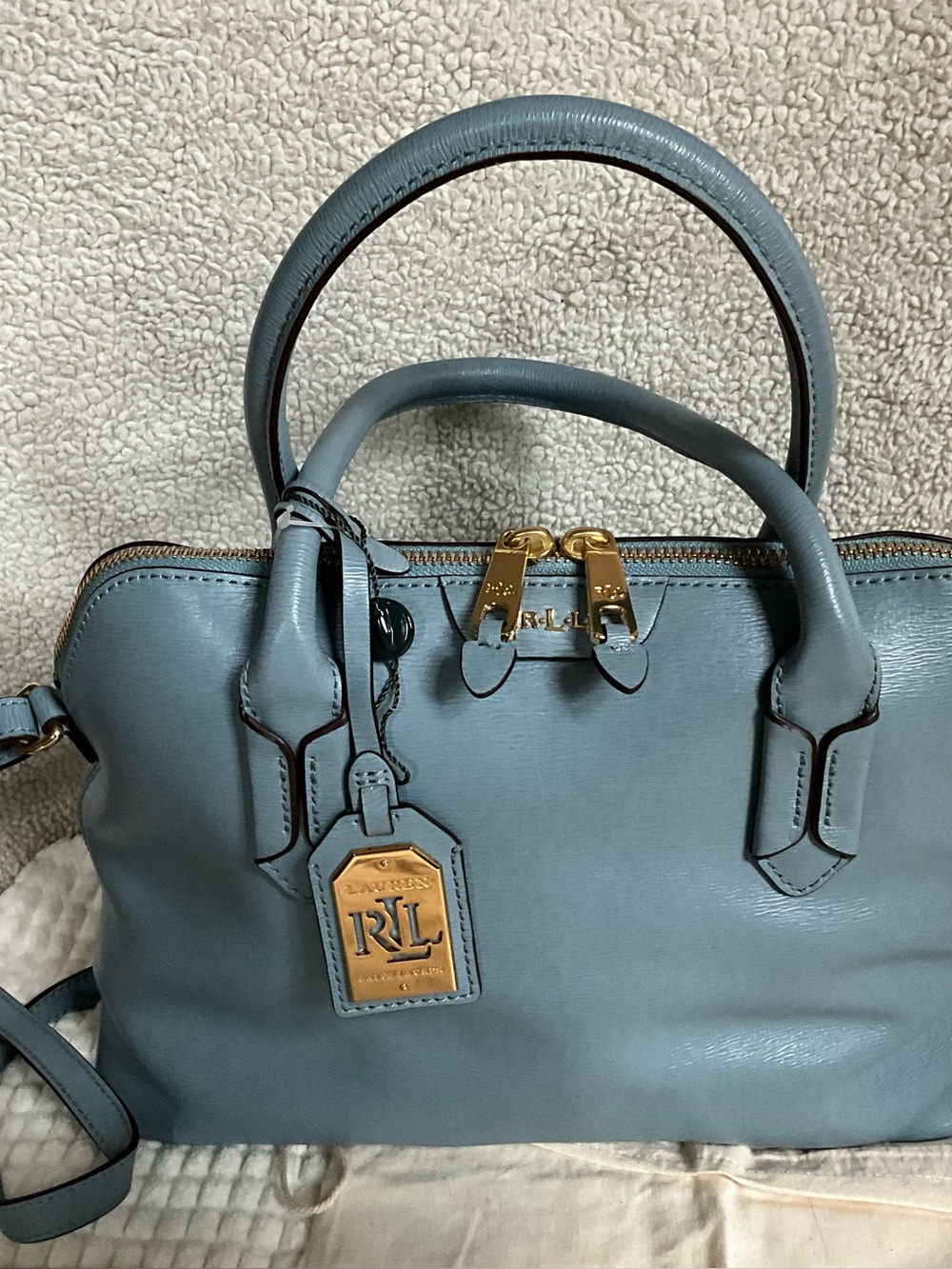 Ralph Lauren Double RL Leather Satchel in Dusty Blue with Gold Hardware